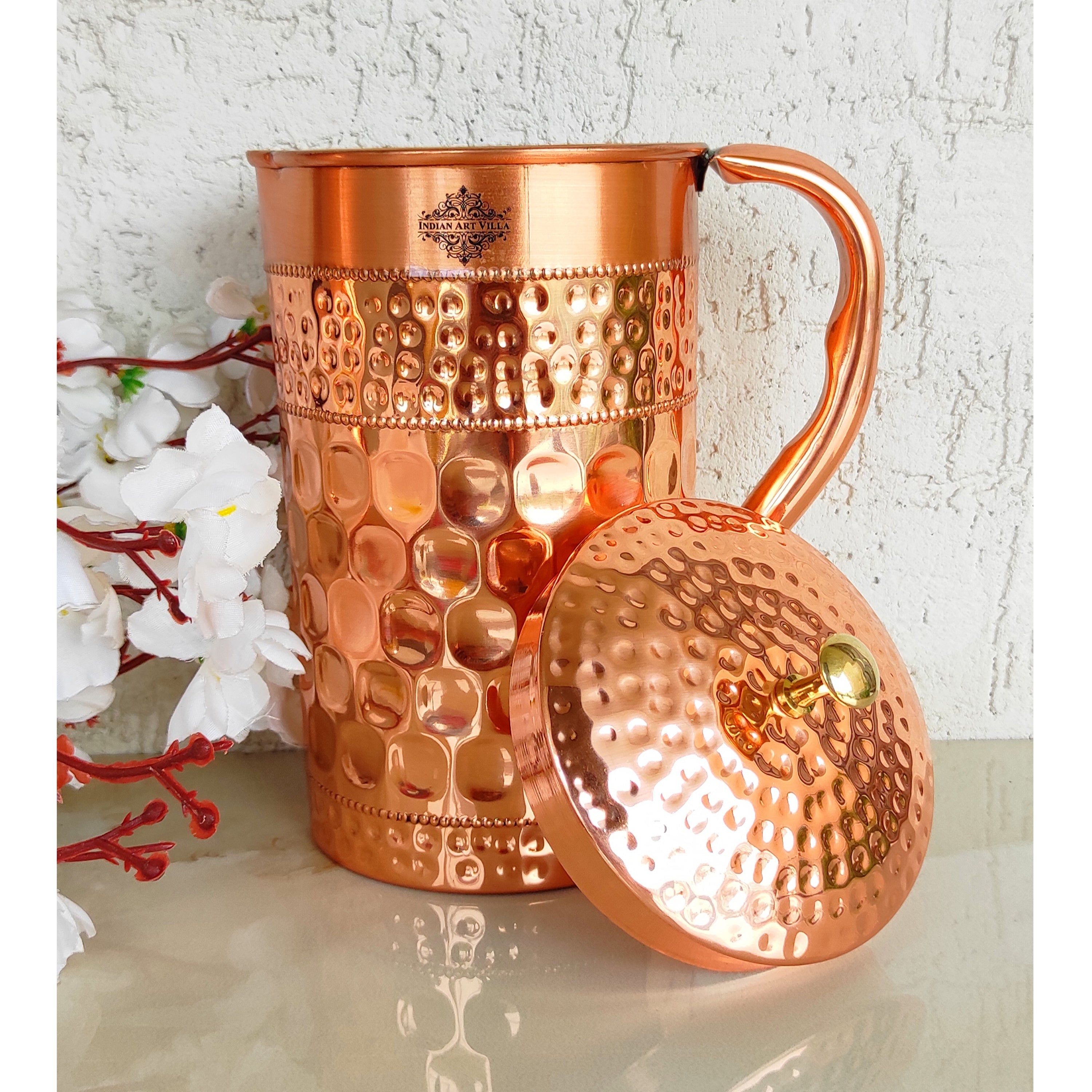 Pure copper jug with diamond hammered beeding & plain design diamond, 1500 ML
